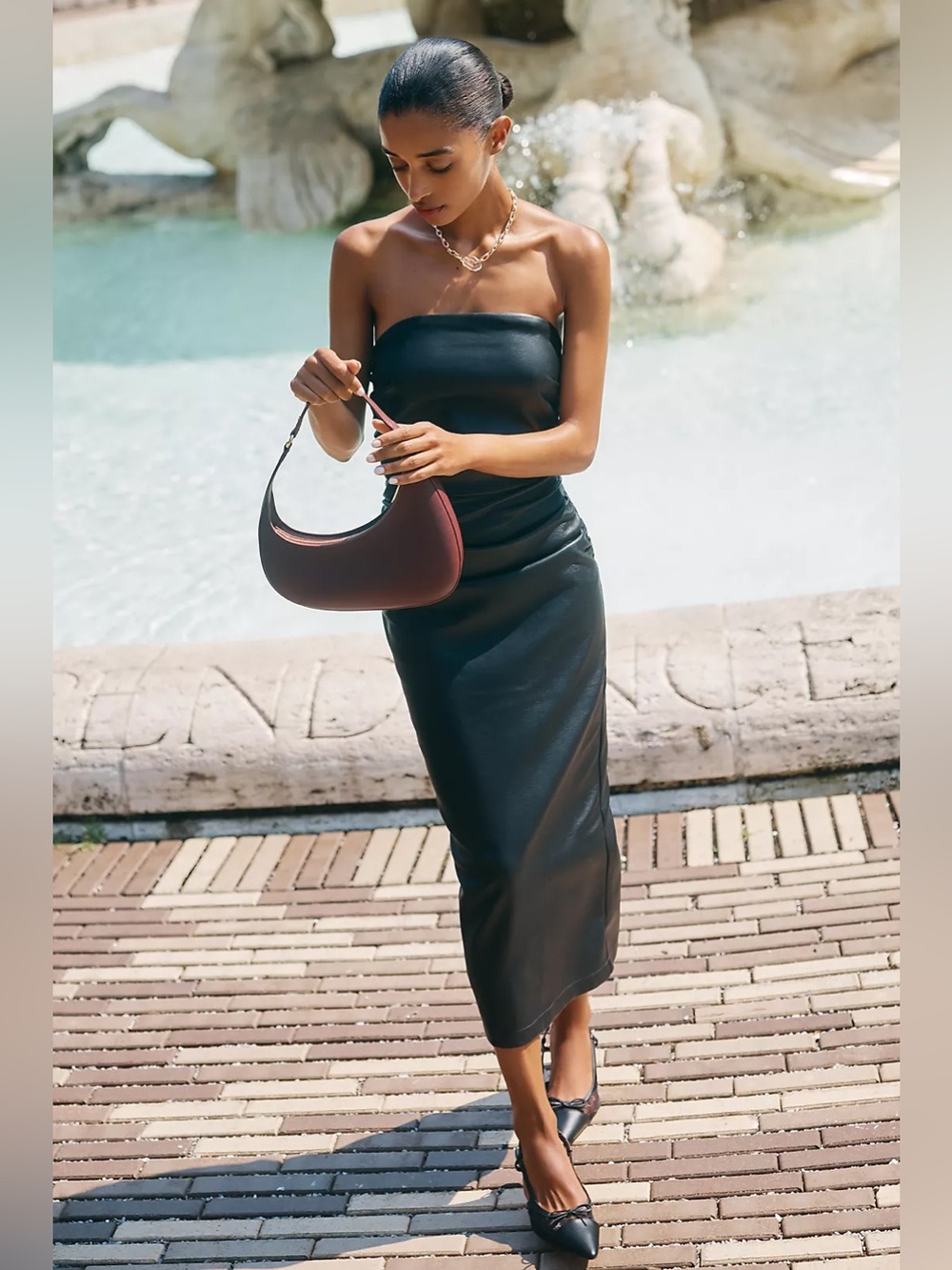 Anthropologie - The Soleil Faux Leather Strapless Midi Dress